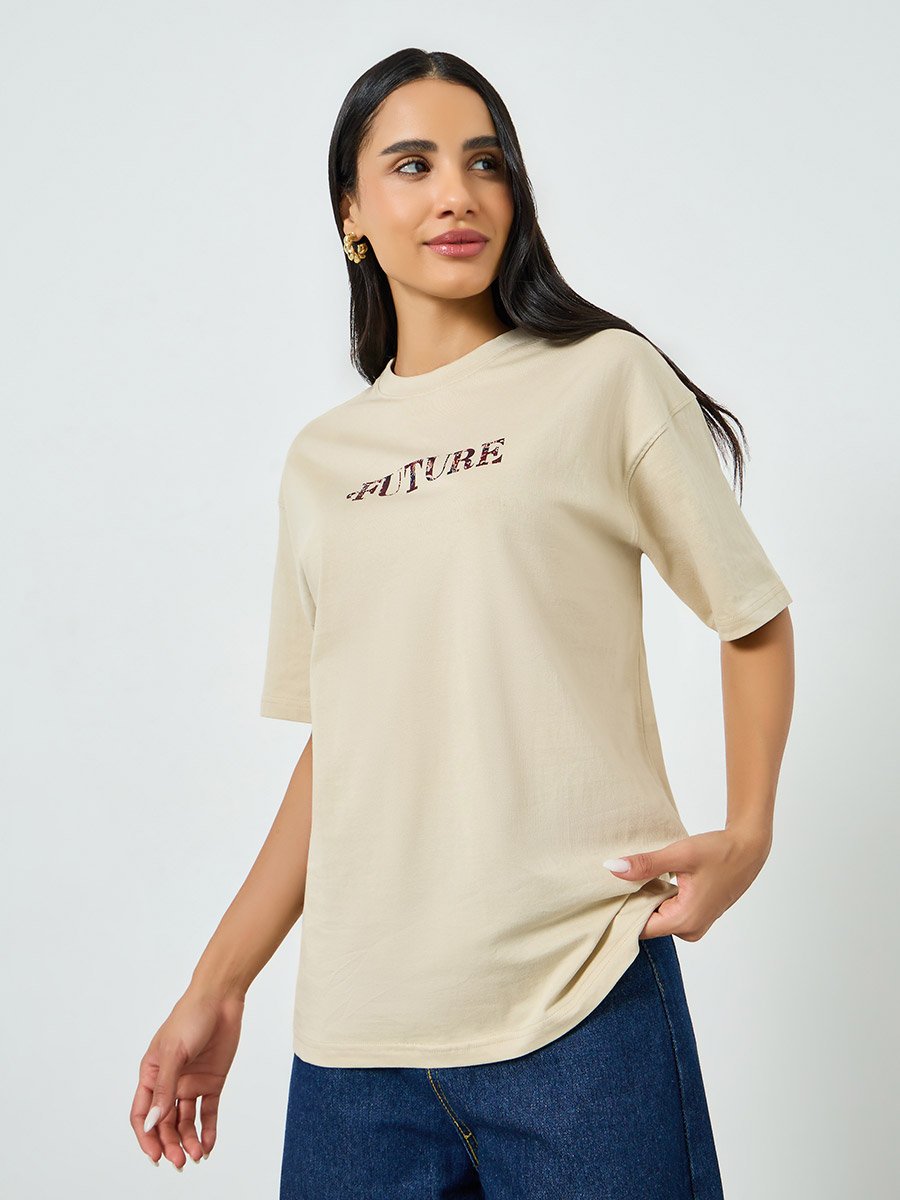 Beige Oversized Graphic Print Cotton T-Shirt