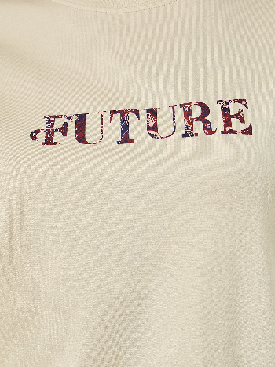 Beige Oversized Graphic Print Cotton T-Shirt
