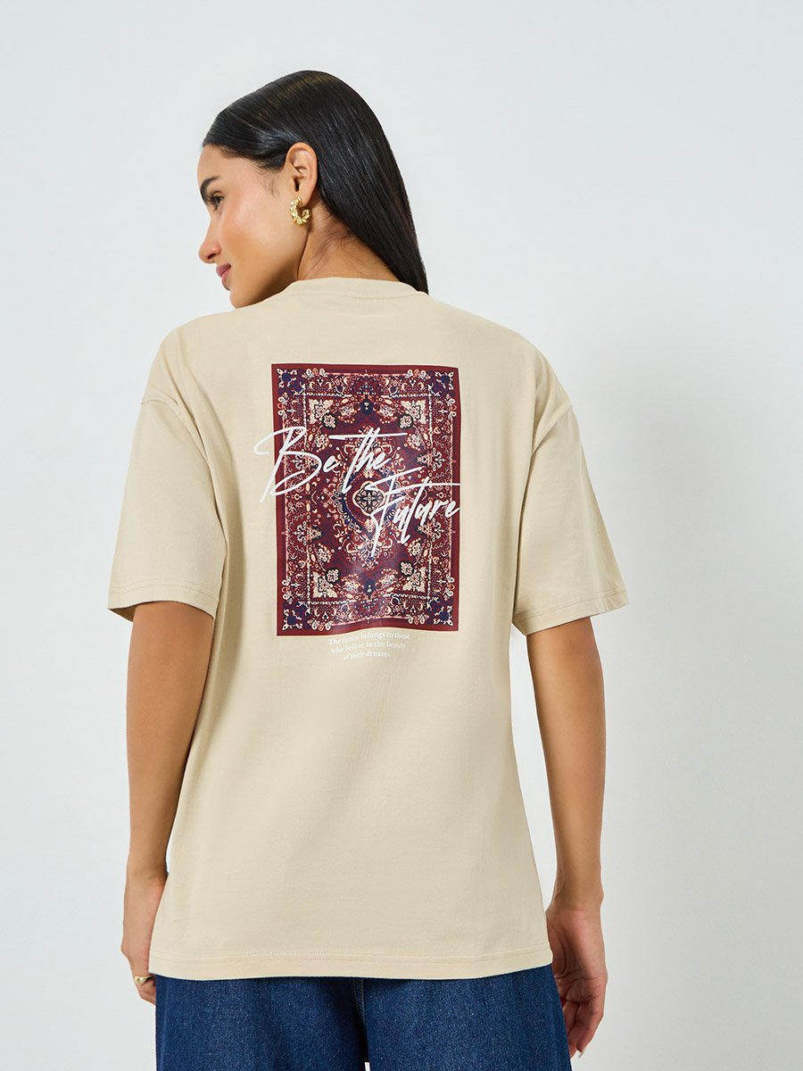 Beige Oversized Graphic Print Cotton T-Shirt