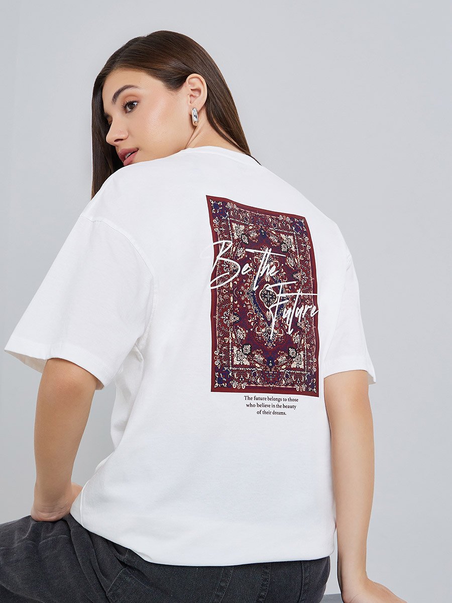 White Oversized Graphic Print Cotton T-Shirt