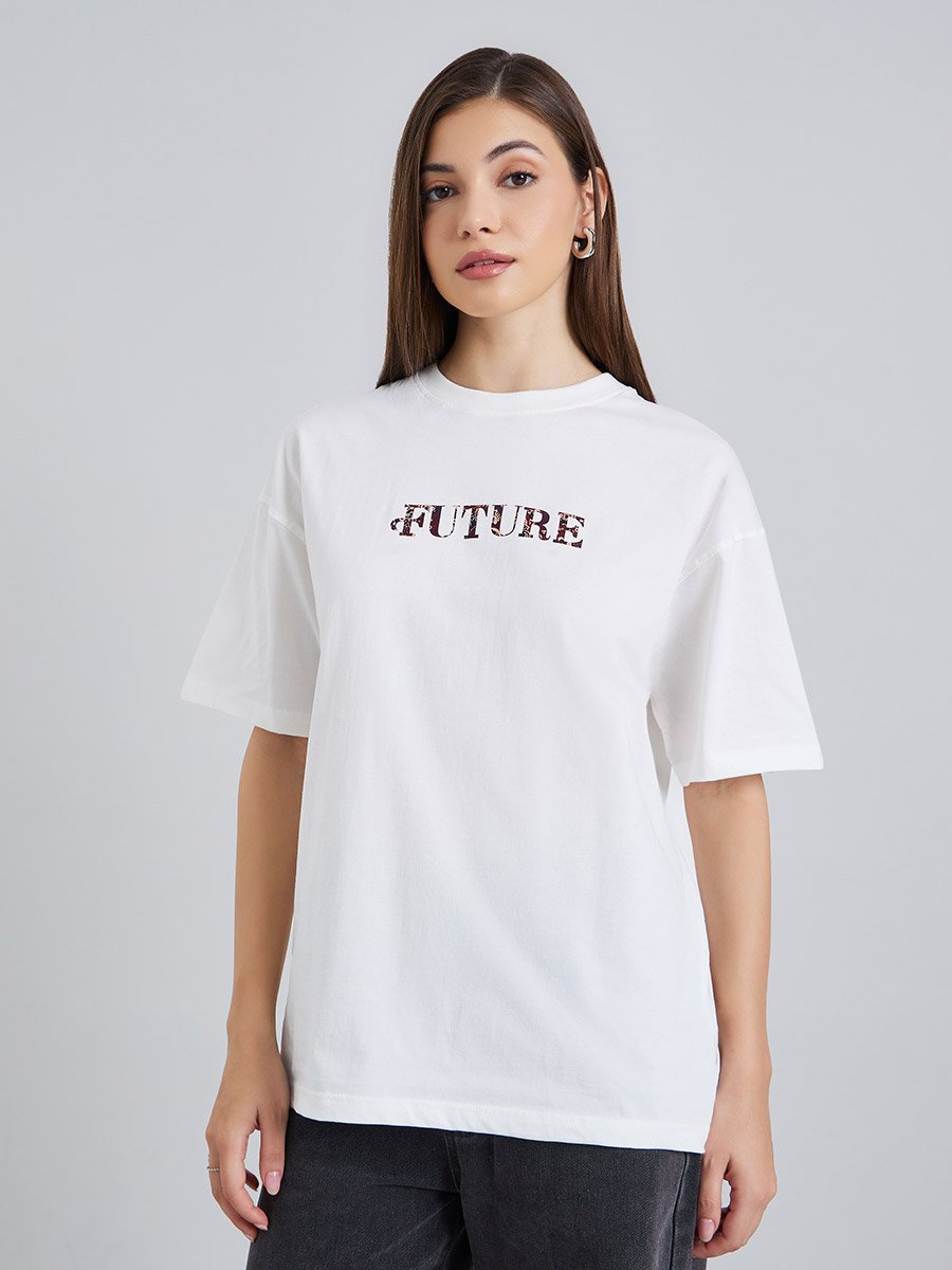 White Oversized Graphic Print Cotton T-Shirt