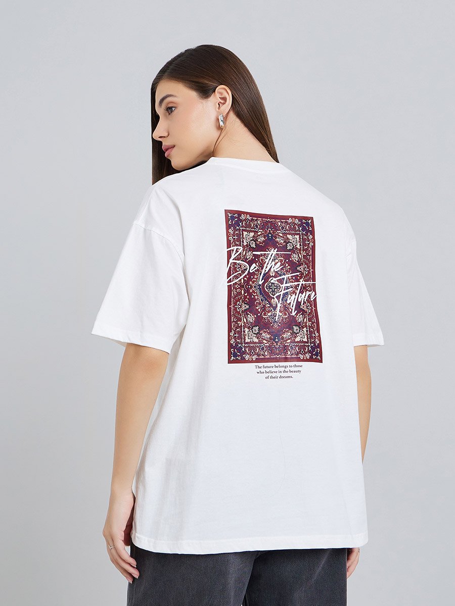 White Oversized Graphic Print Cotton T-Shirt