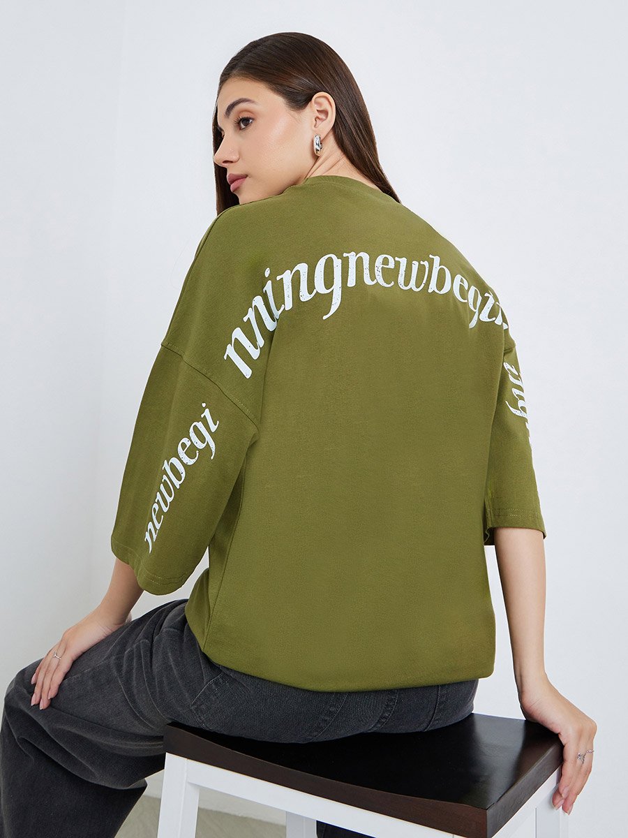 Women Olive Slogan Print Oversized T-Shirt