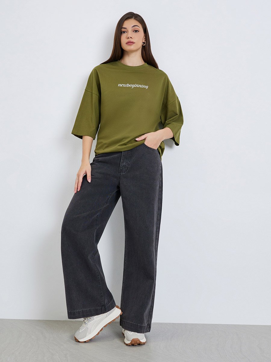 Women Olive Slogan Print Oversized T-Shirt