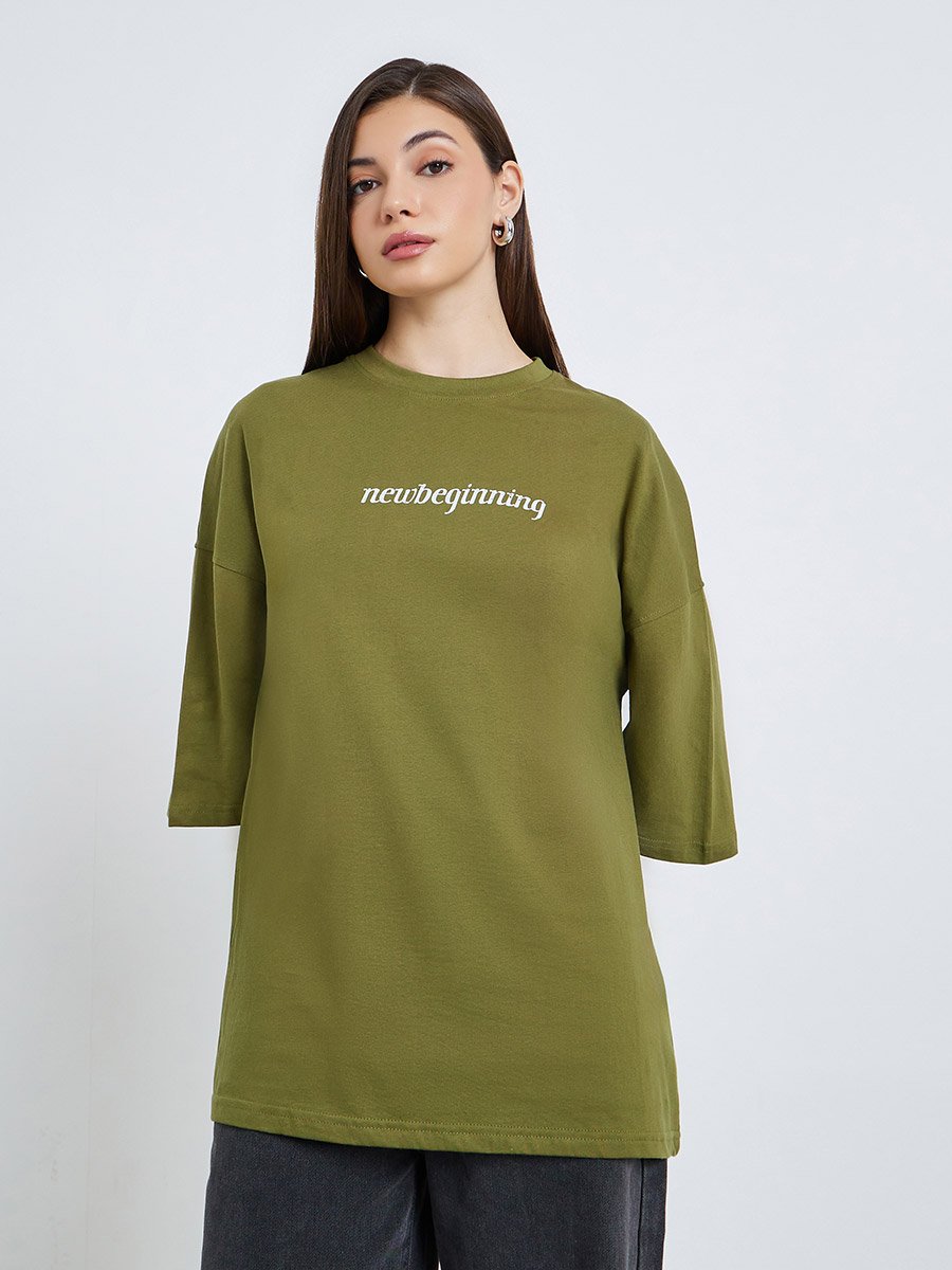Women Olive Slogan Print Oversized T-Shirt