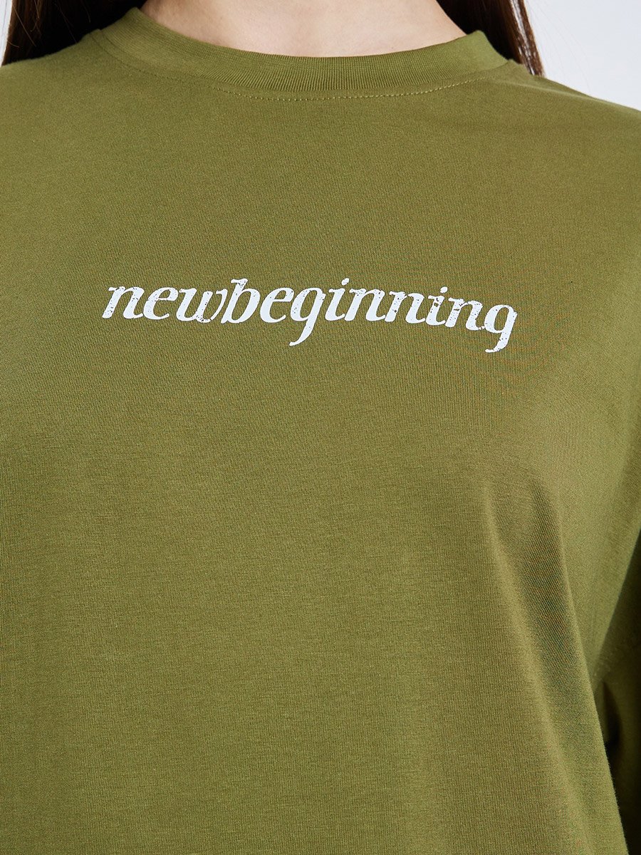 Women Olive Slogan Print Oversized T-Shirt