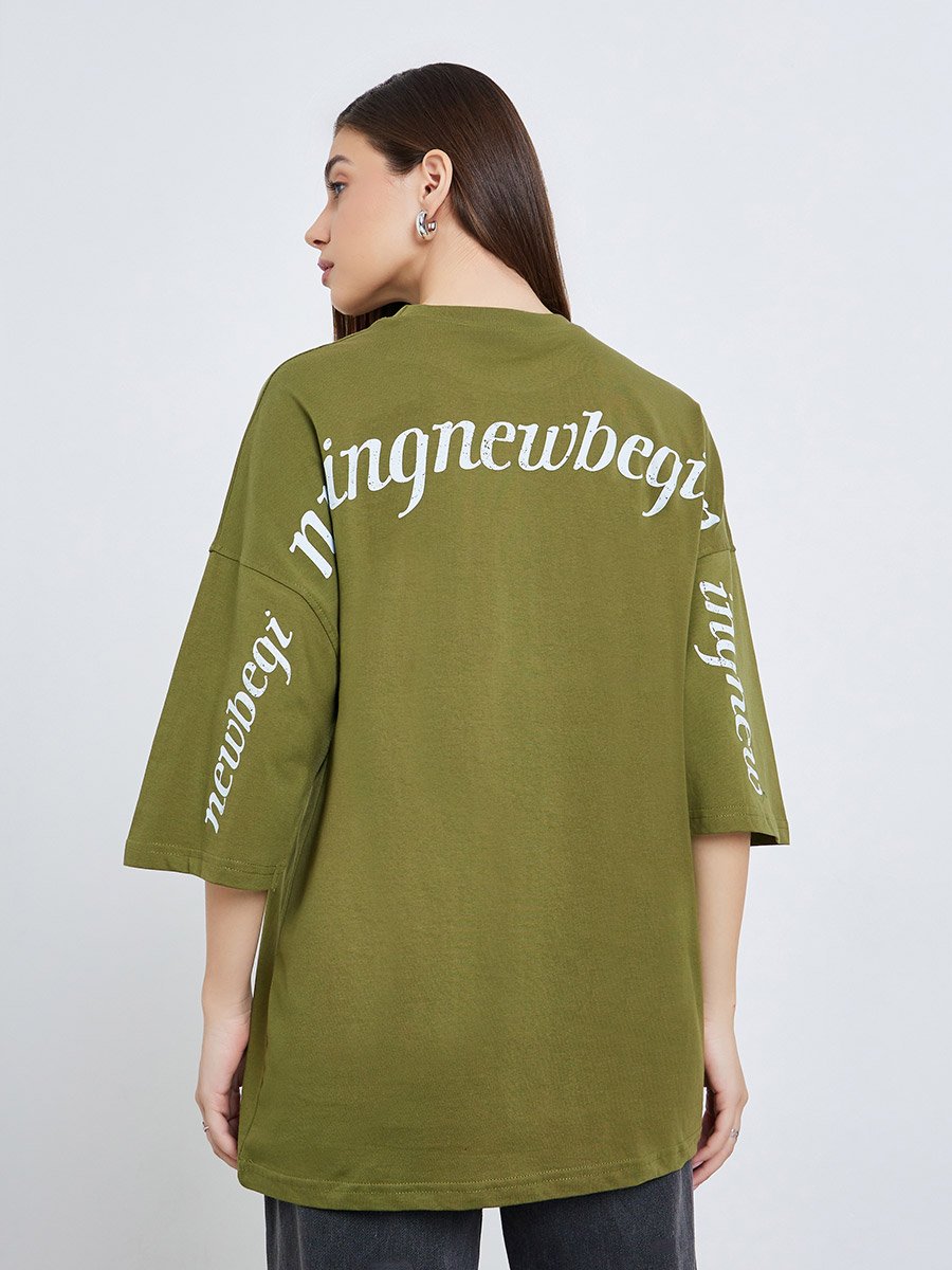 Women Olive Slogan Print Oversized T-Shirt