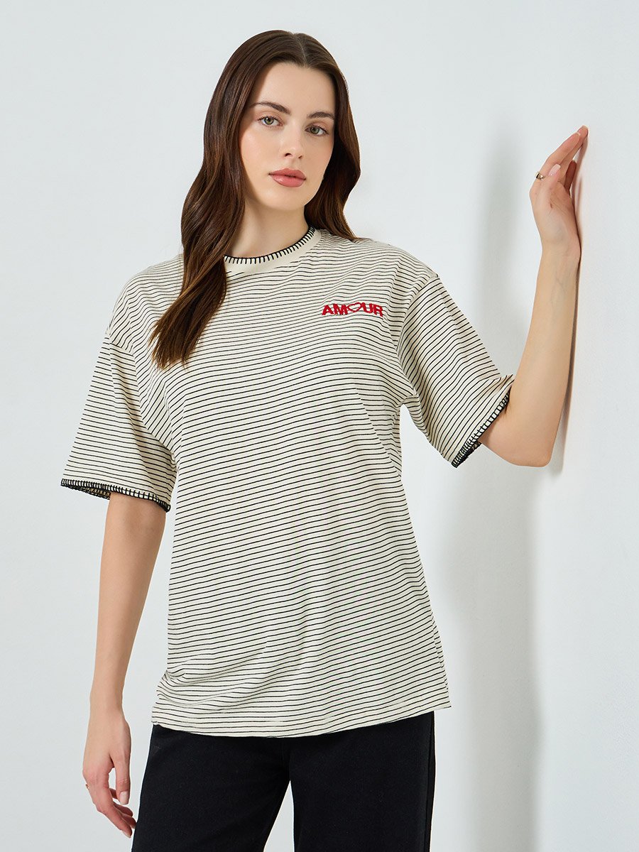 Women Beige Striped Embroidered T-Shirt