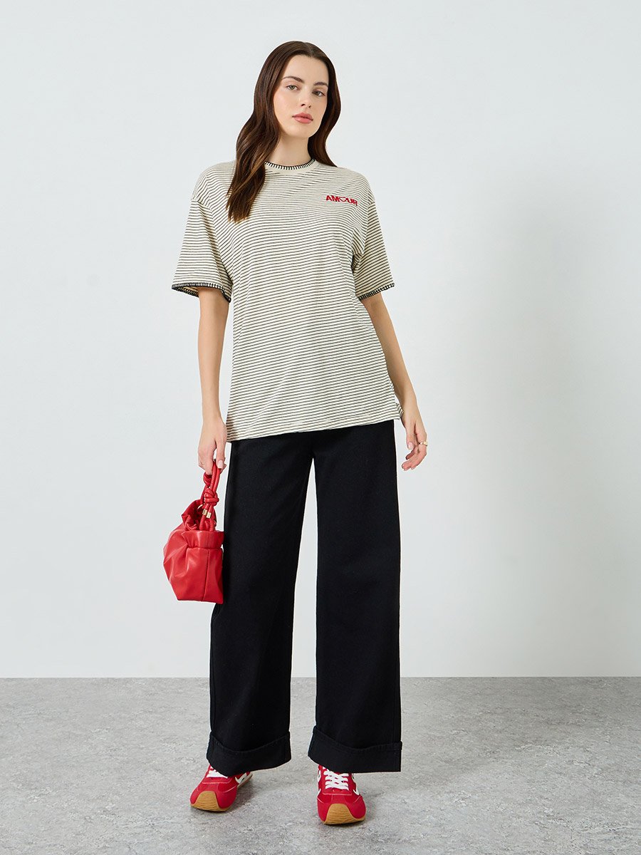 Women Beige Striped Embroidered T-Shirt