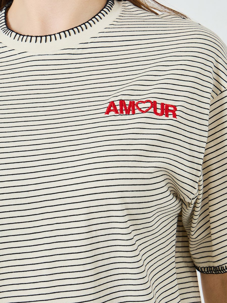 Women Beige Striped Embroidered T-Shirt