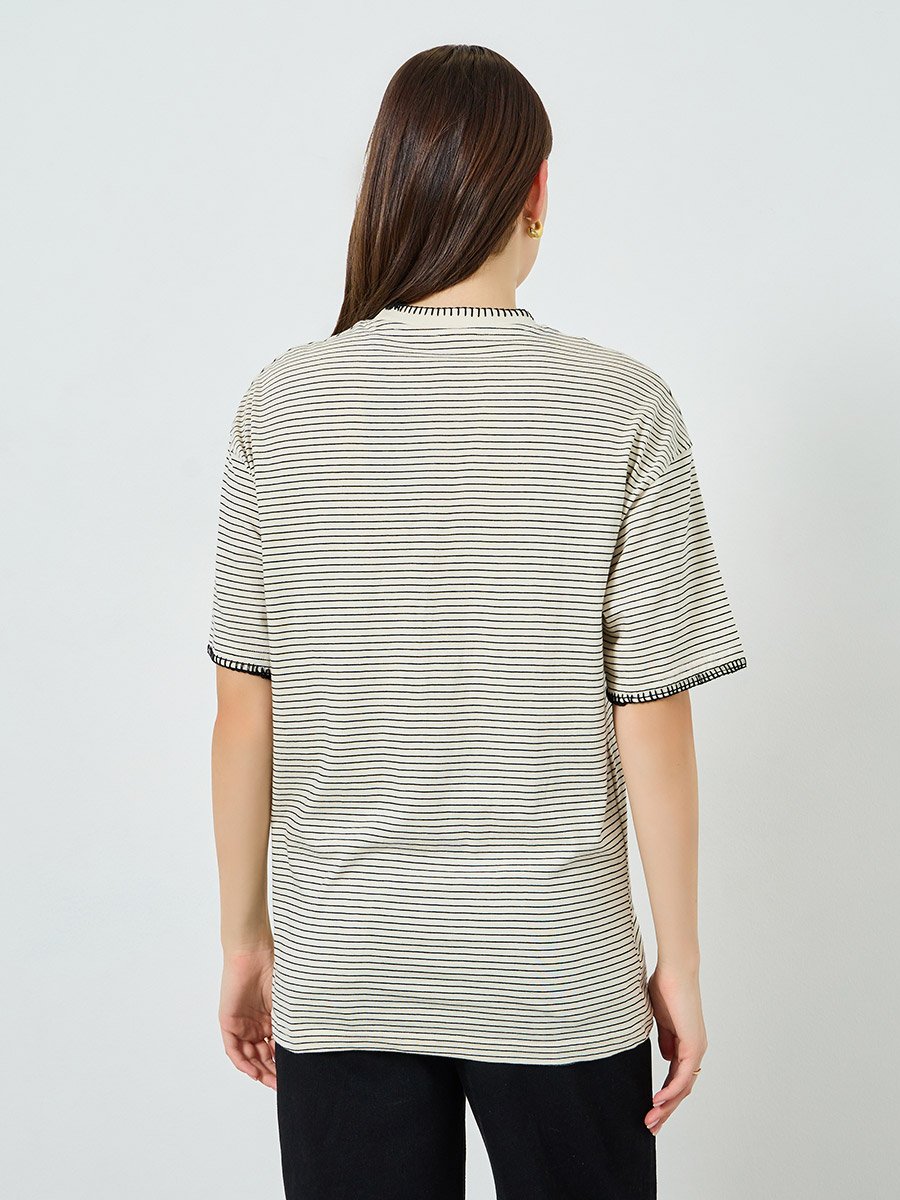 Women Beige Striped Embroidered T-Shirt