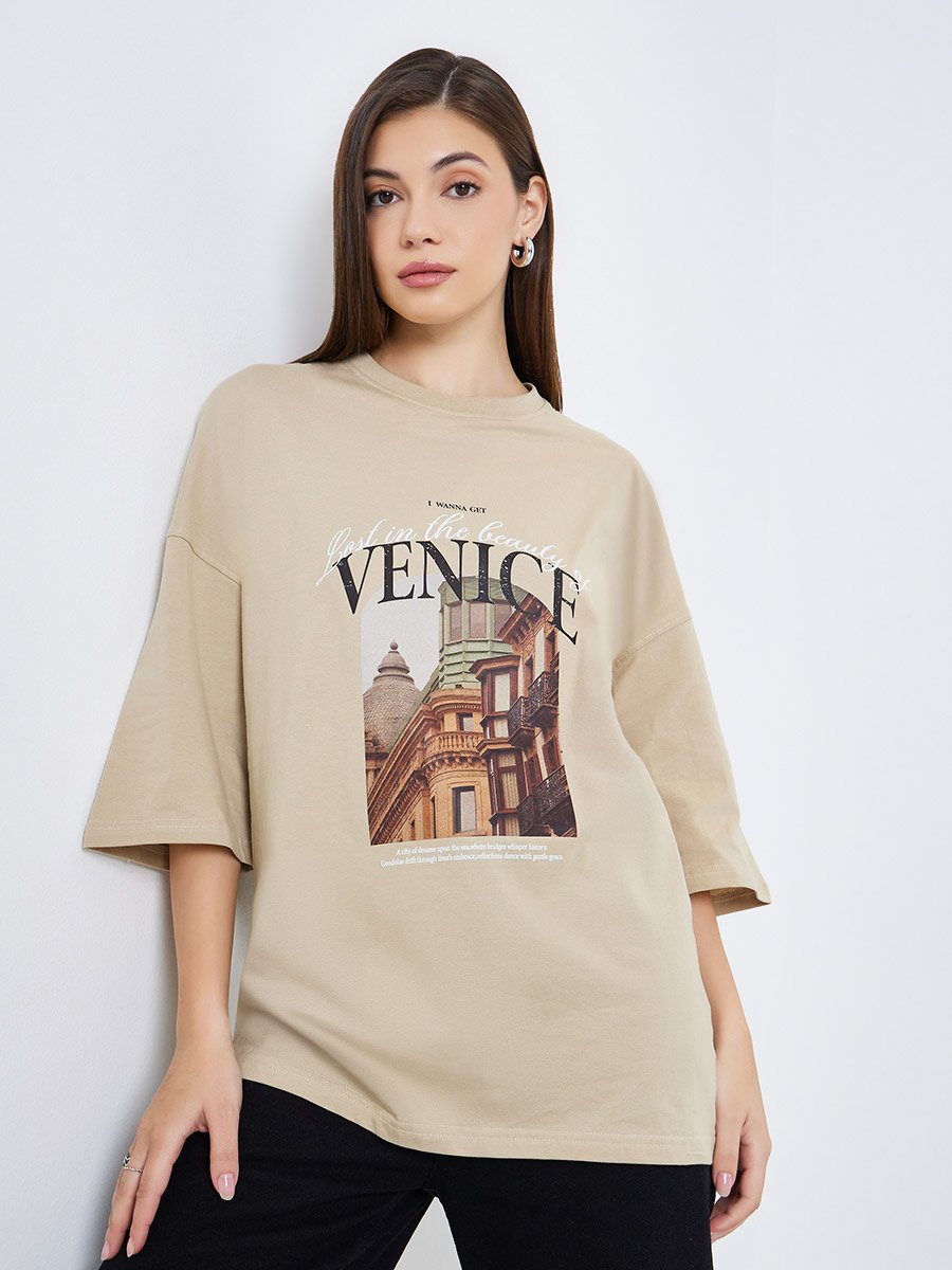 Women Khaki Graphic Oversized T-Shirt
