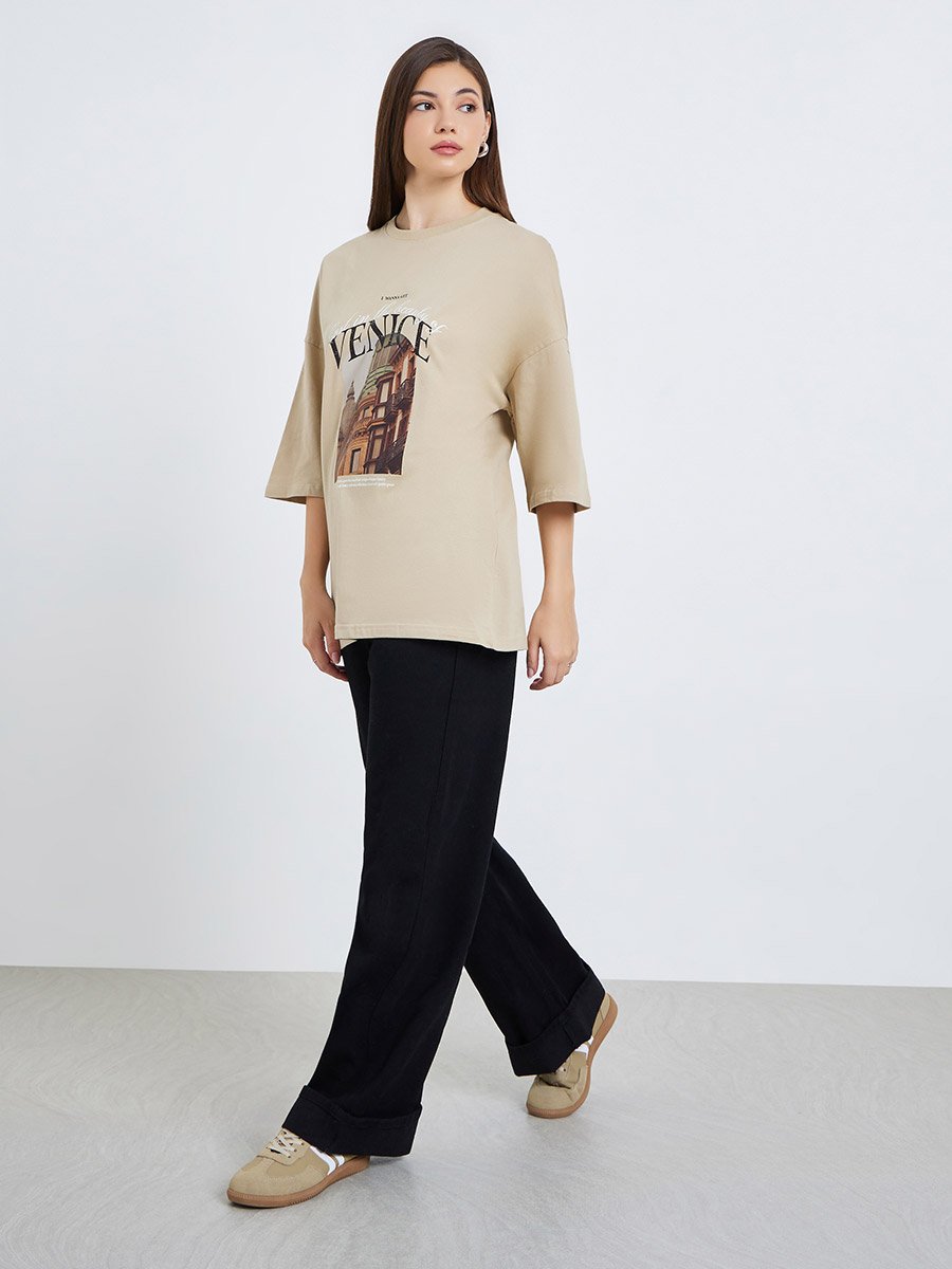 Women Khaki Graphic Oversized T-Shirt
