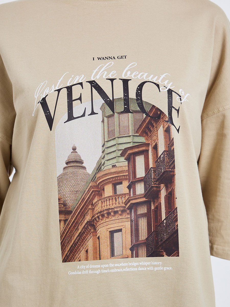 Women Khaki Graphic Oversized T-Shirt