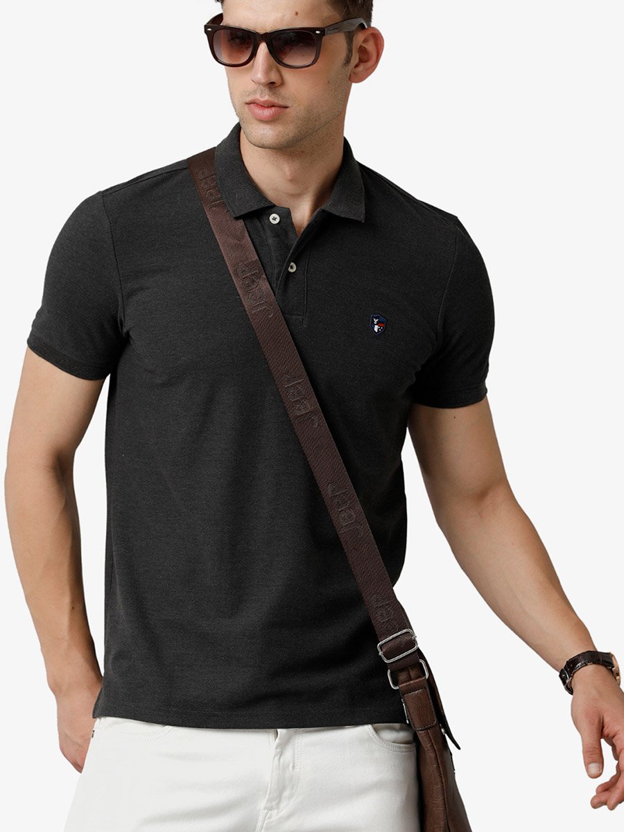 Men Black Plain Cotton Polo