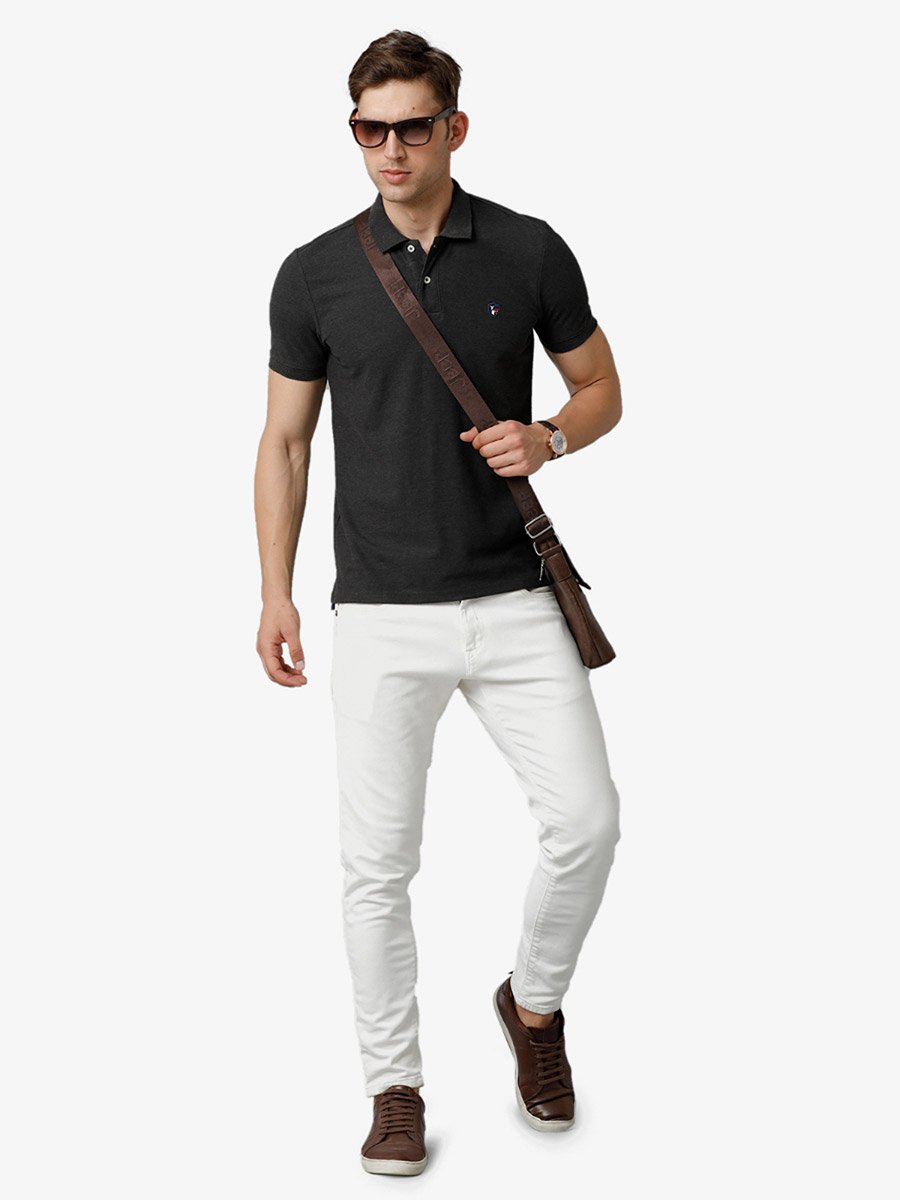 Men Black Plain Cotton Polo