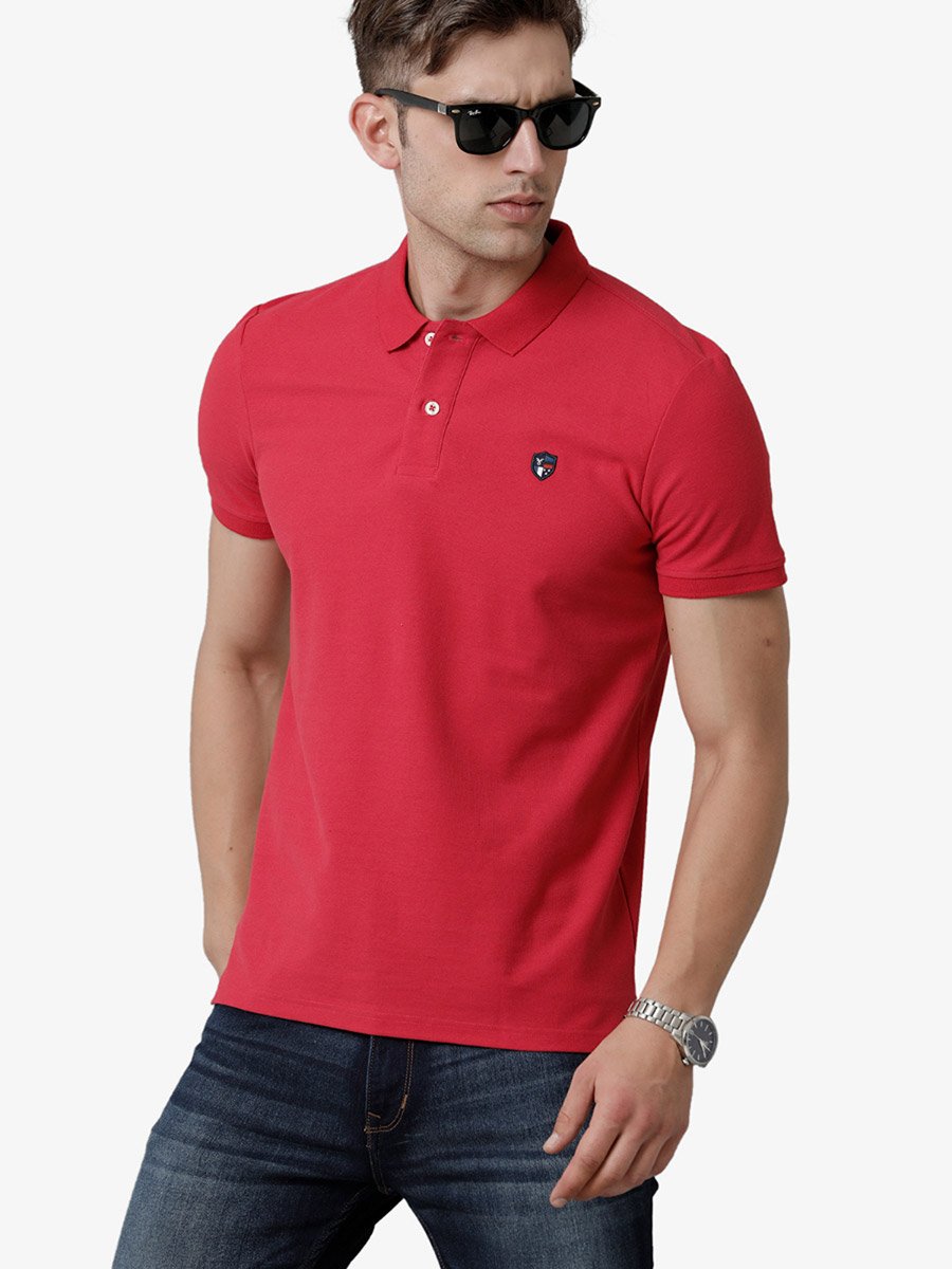 Men Red Plain Cotton Polo