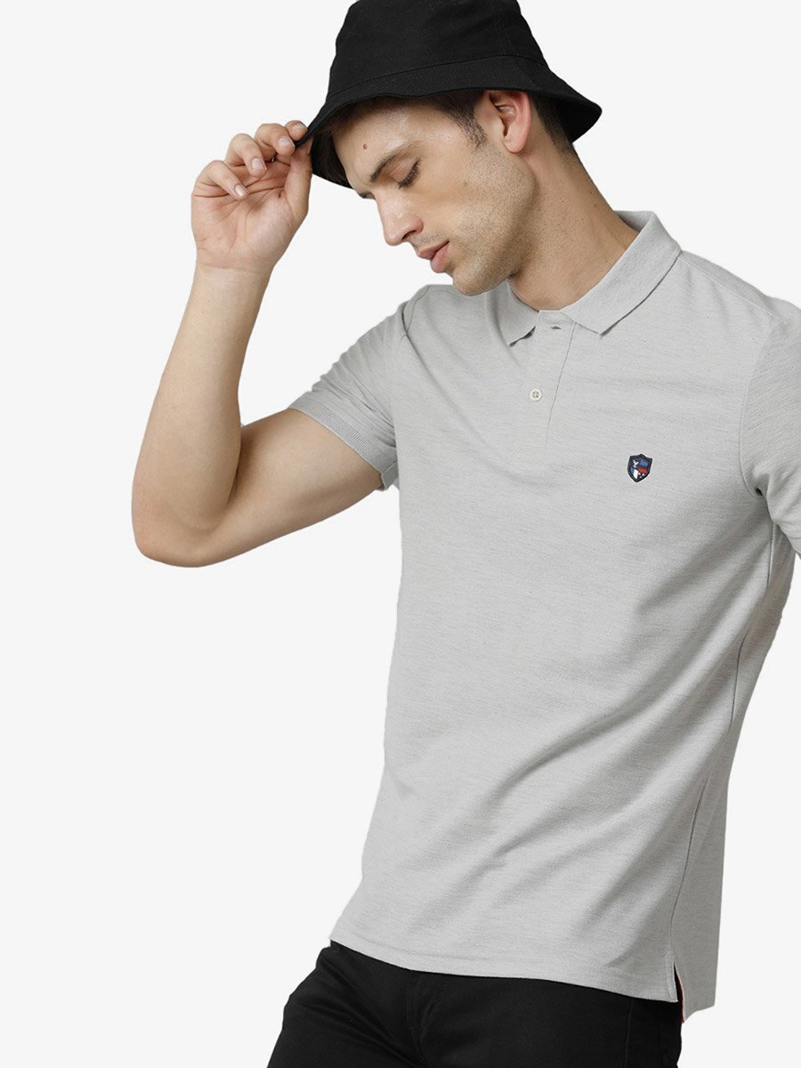 Men Grey Plain Cotton Polo