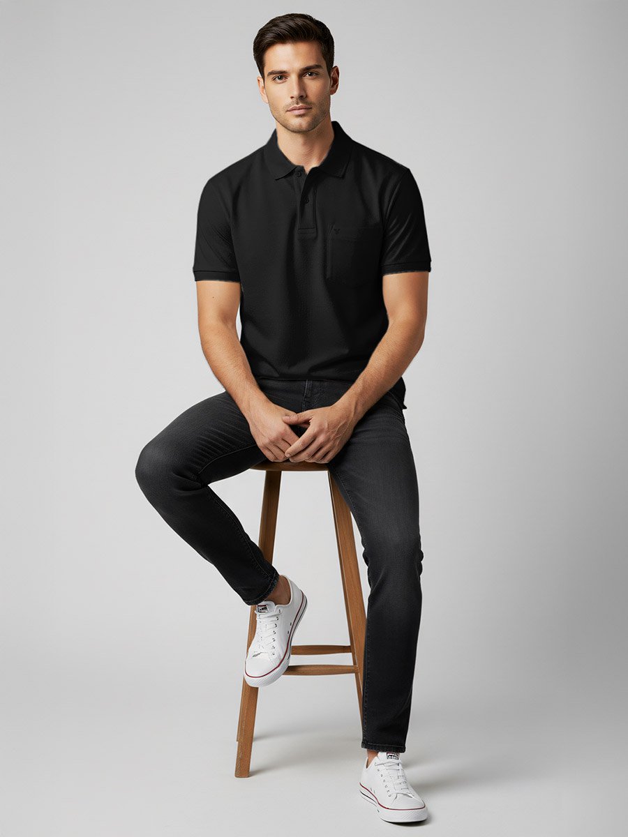 Men Black Cotton Polo with Pocket