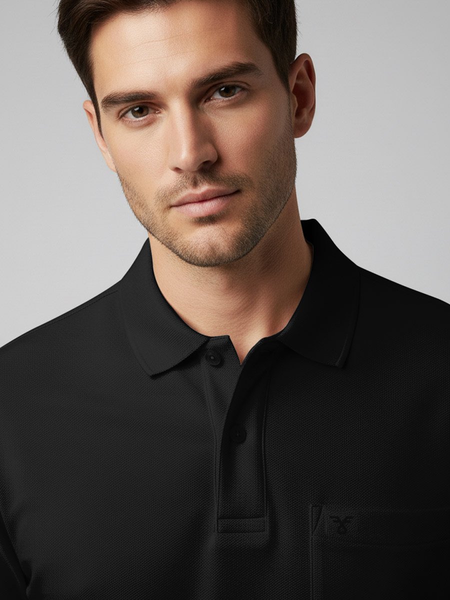 Men Black Cotton Polo with Pocket