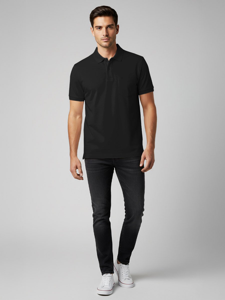 Men Black Cotton Polo with Pocket