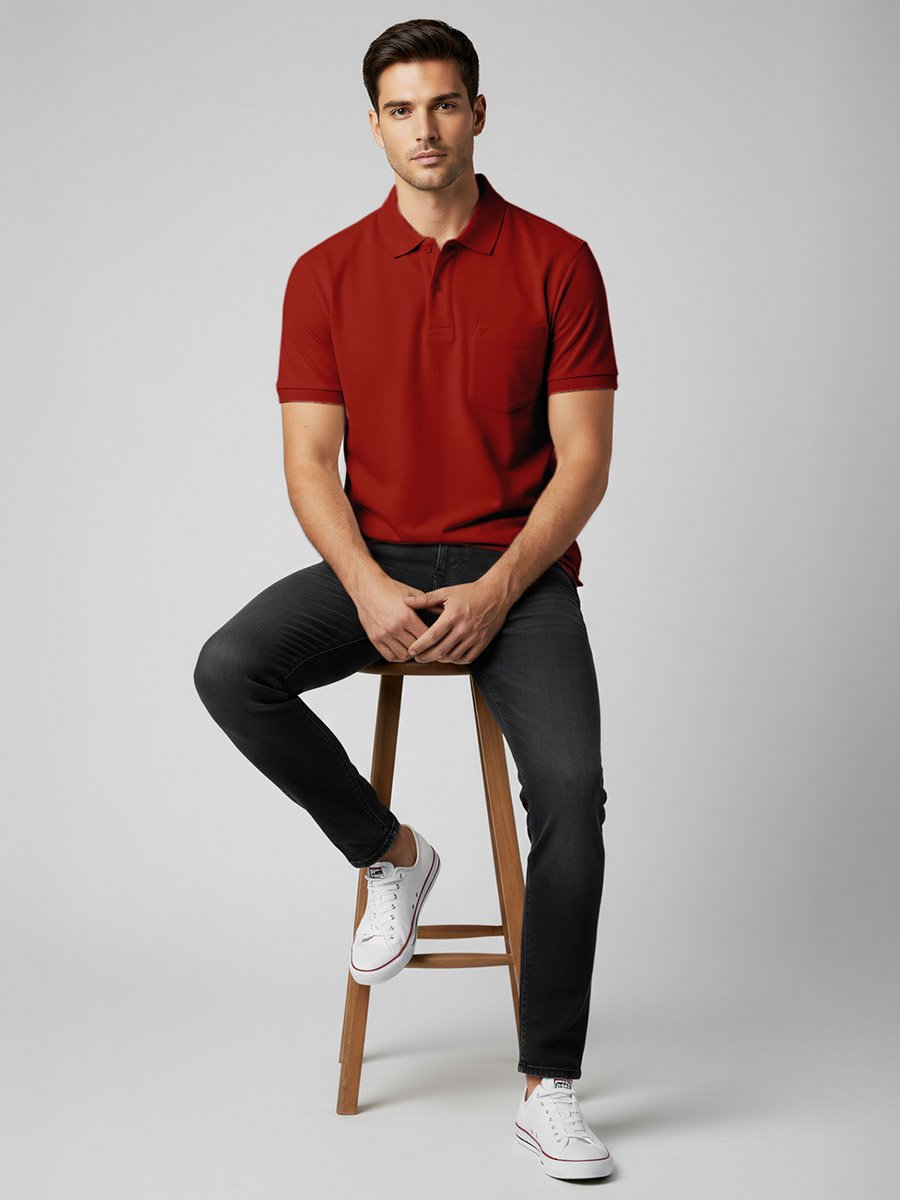 Men Rust Cotton Polo with Pocket