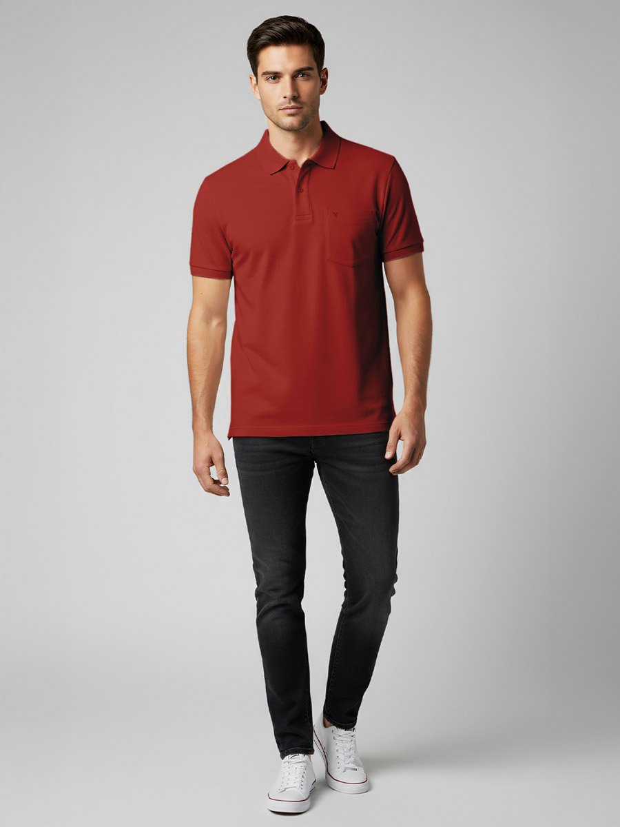 Men Rust Cotton Polo with Pocket