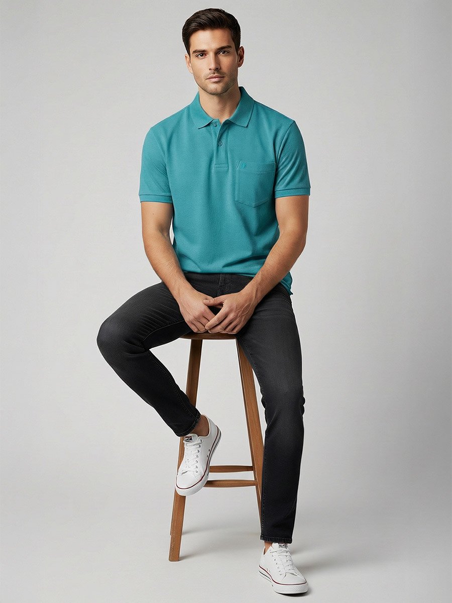 Men Textured Cotton Polo with Pocket