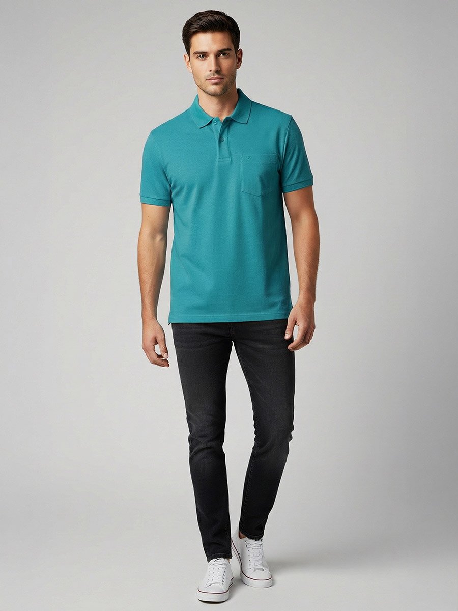 Men Textured Cotton Polo with Pocket