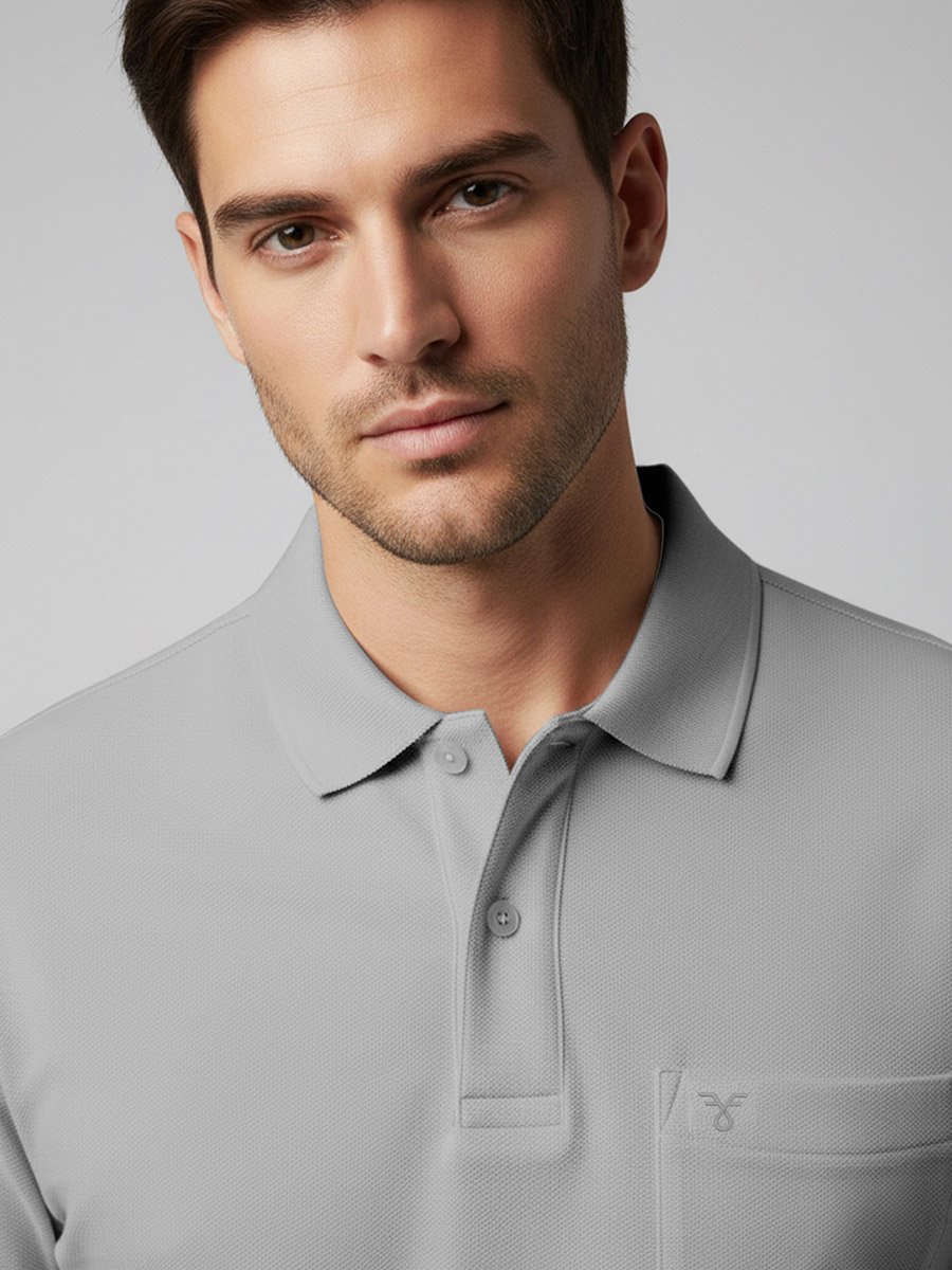 Men Grey Cotton Polo with Pocket