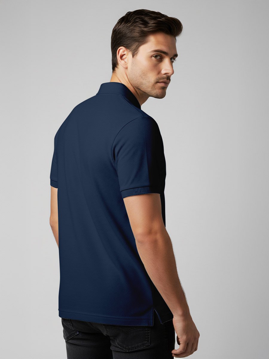 Men Navy Blue Cotton Polo with Pocket