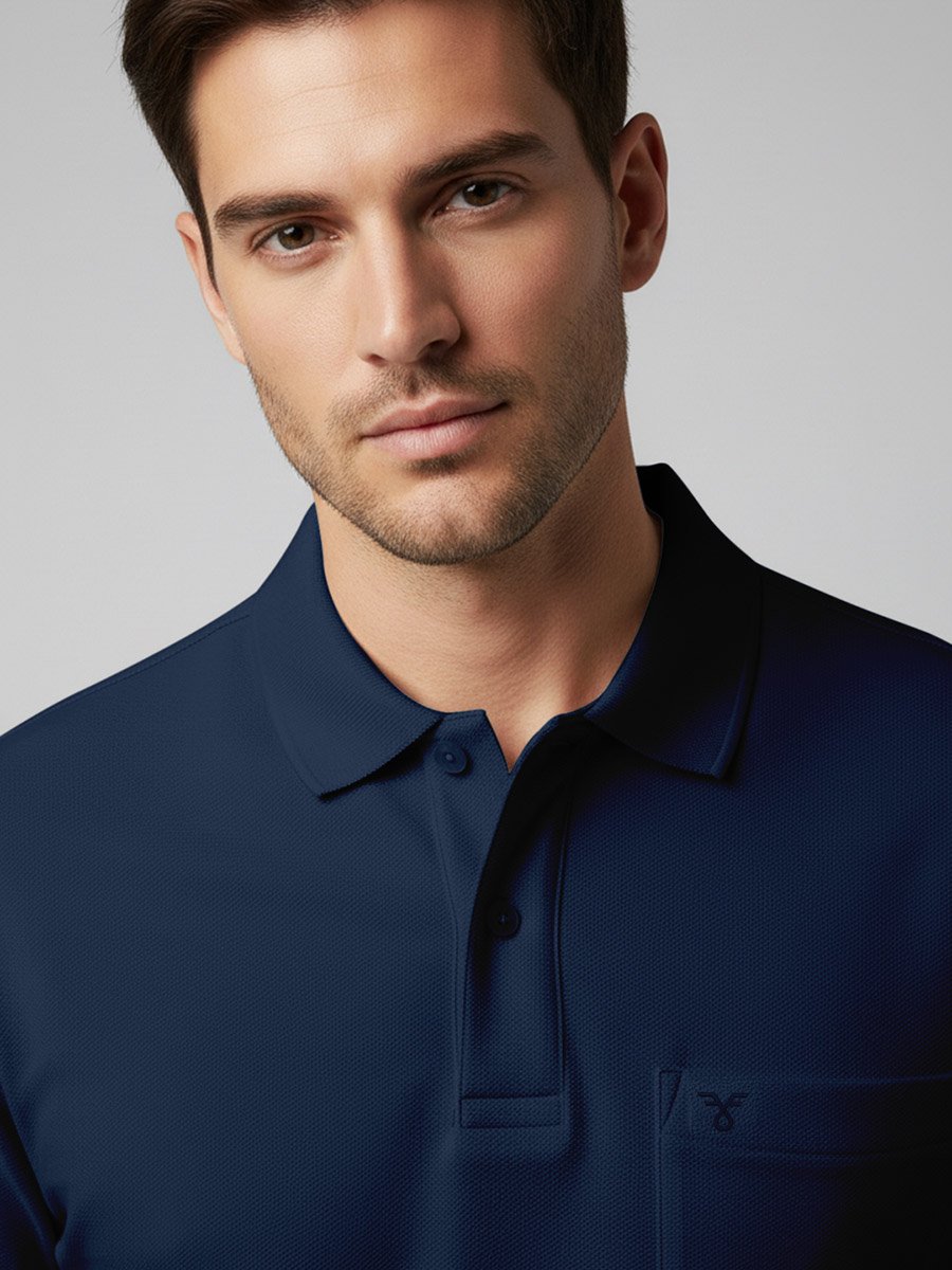 Men Navy Blue Cotton Polo with Pocket
