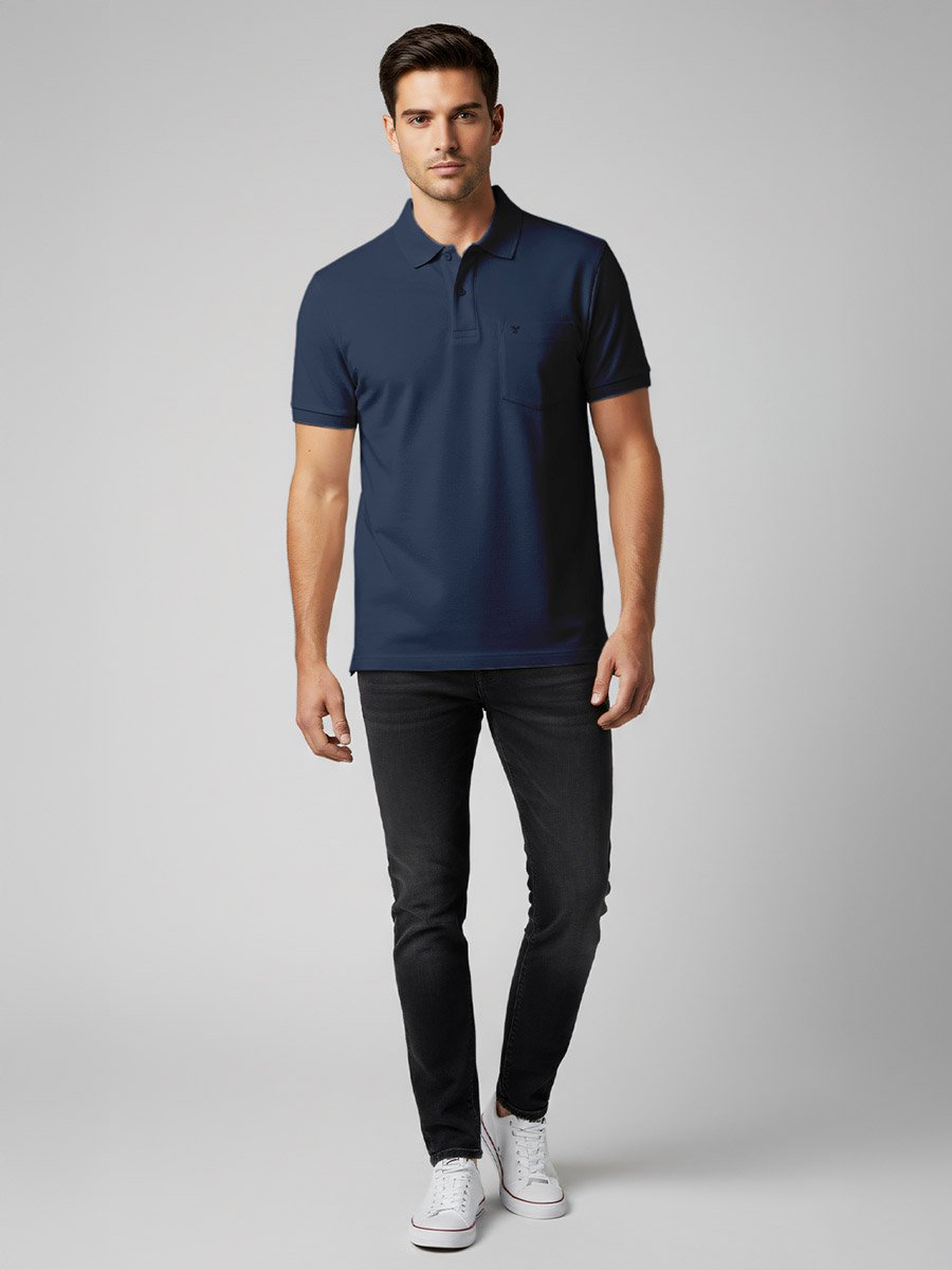 Men Navy Blue Cotton Polo with Pocket