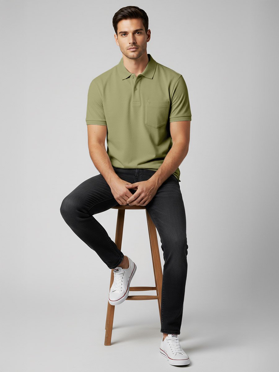 Men Olive Cotton Polo with Pocket