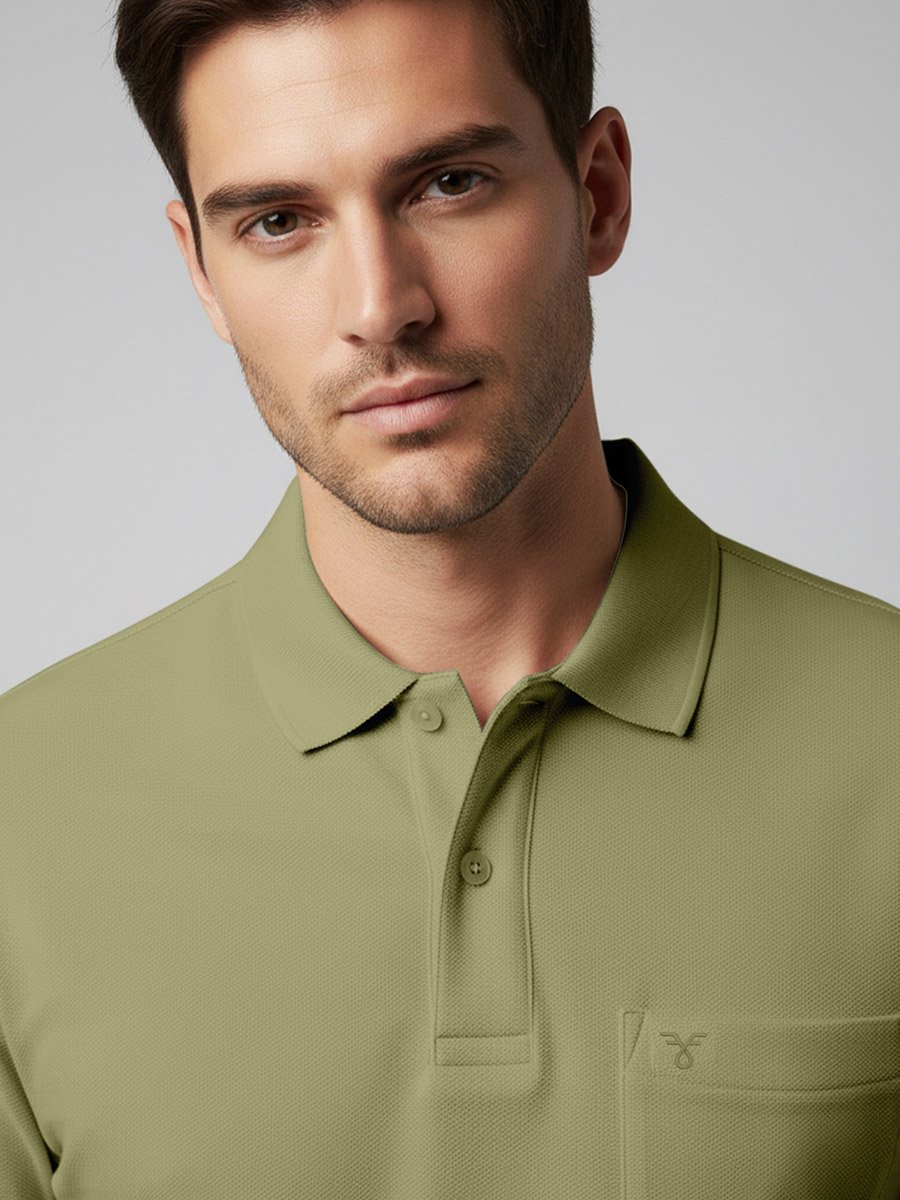 Men Olive Cotton Polo with Pocket