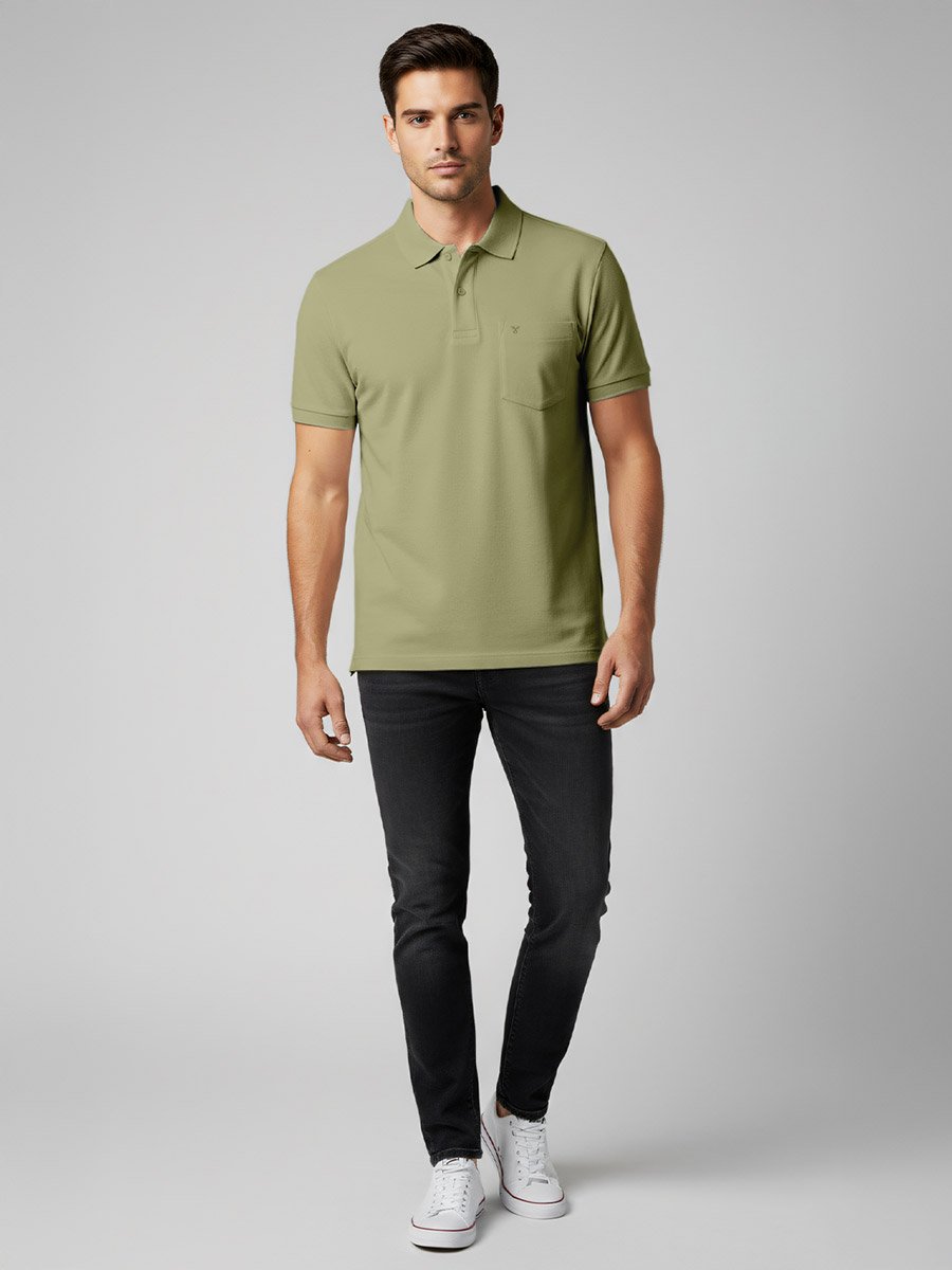 Men Olive Cotton Polo with Pocket