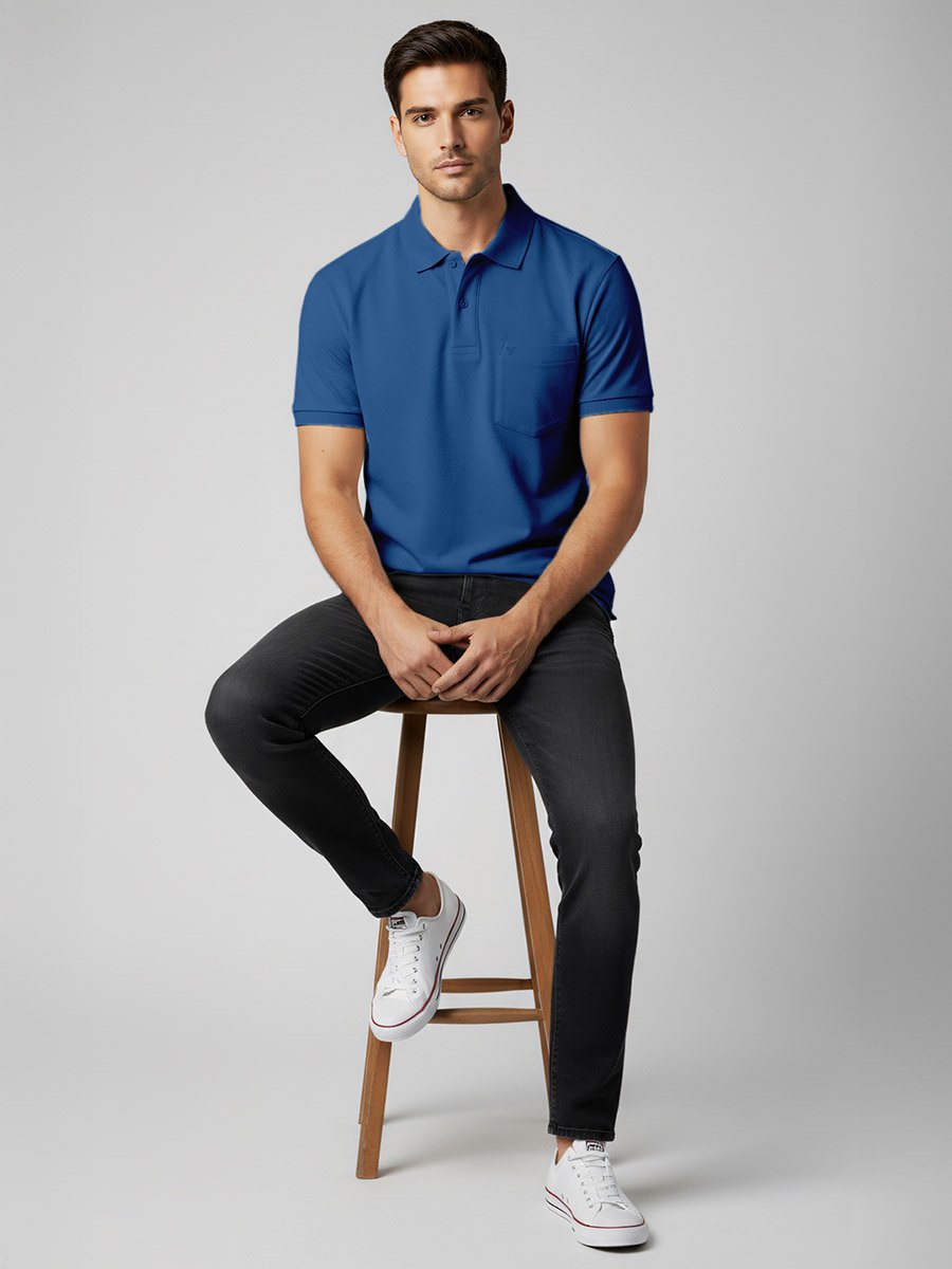 Men Blue Cotton Polo with Pocket