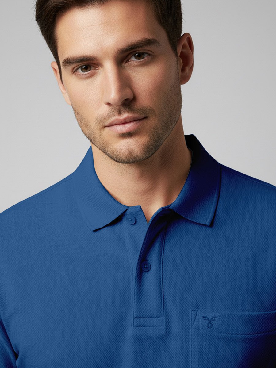 Men Blue Cotton Polo with Pocket