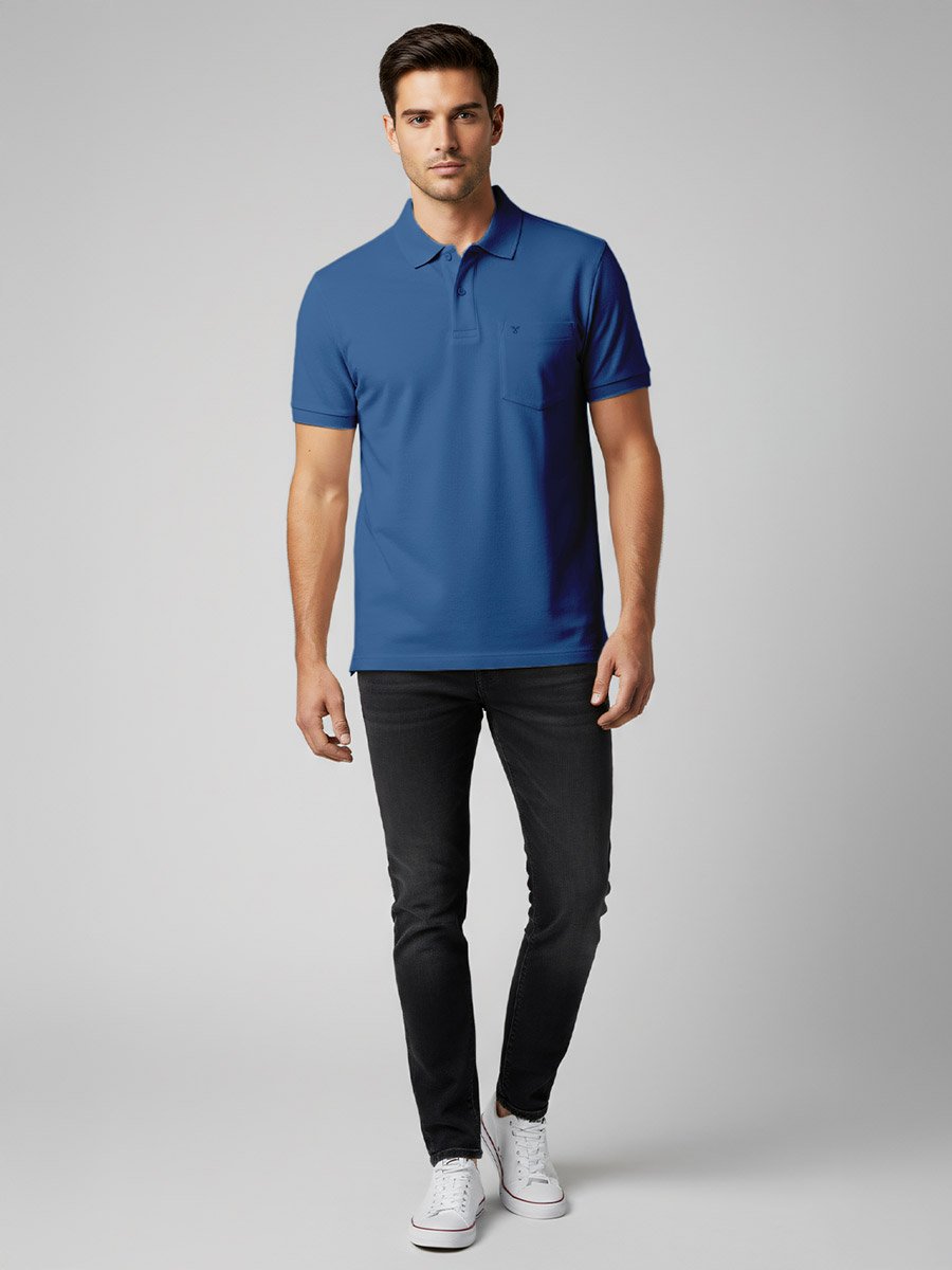Men Blue Cotton Polo with Pocket