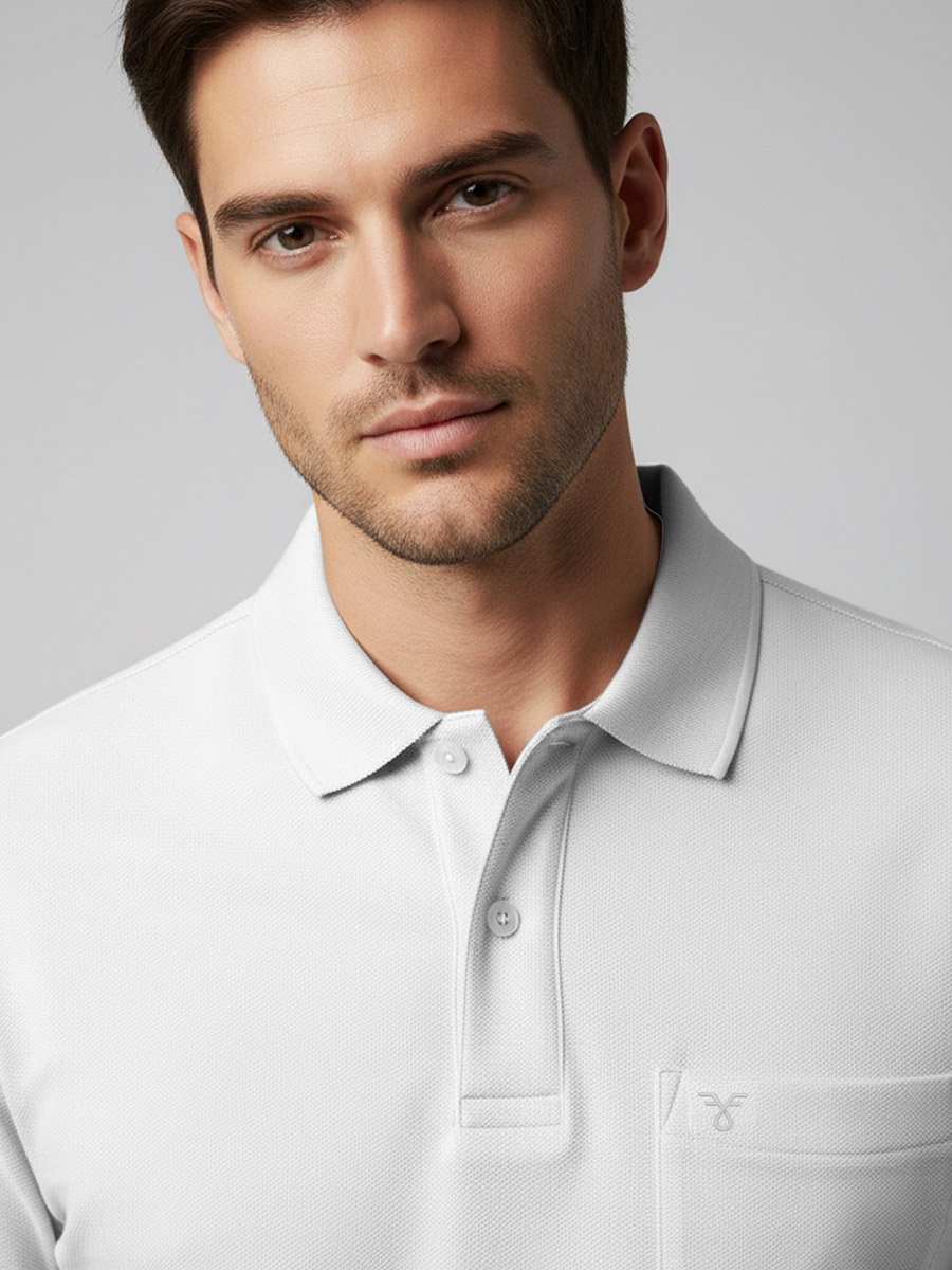 Men White Cotton Polo with Pocket