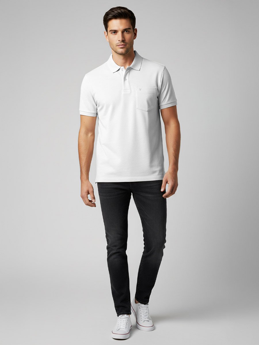 Men White Cotton Polo with Pocket