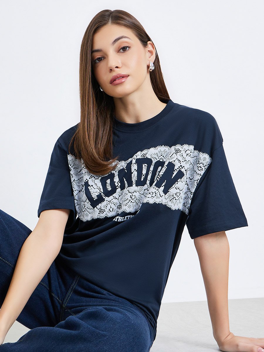 Women Navy Blue London Slogan Oversized T-Shirt
