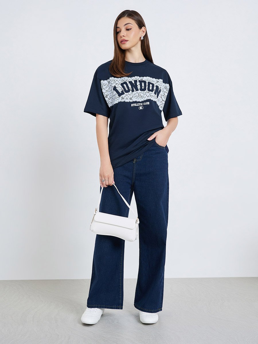 Women Navy Blue London Slogan Oversized T-Shirt