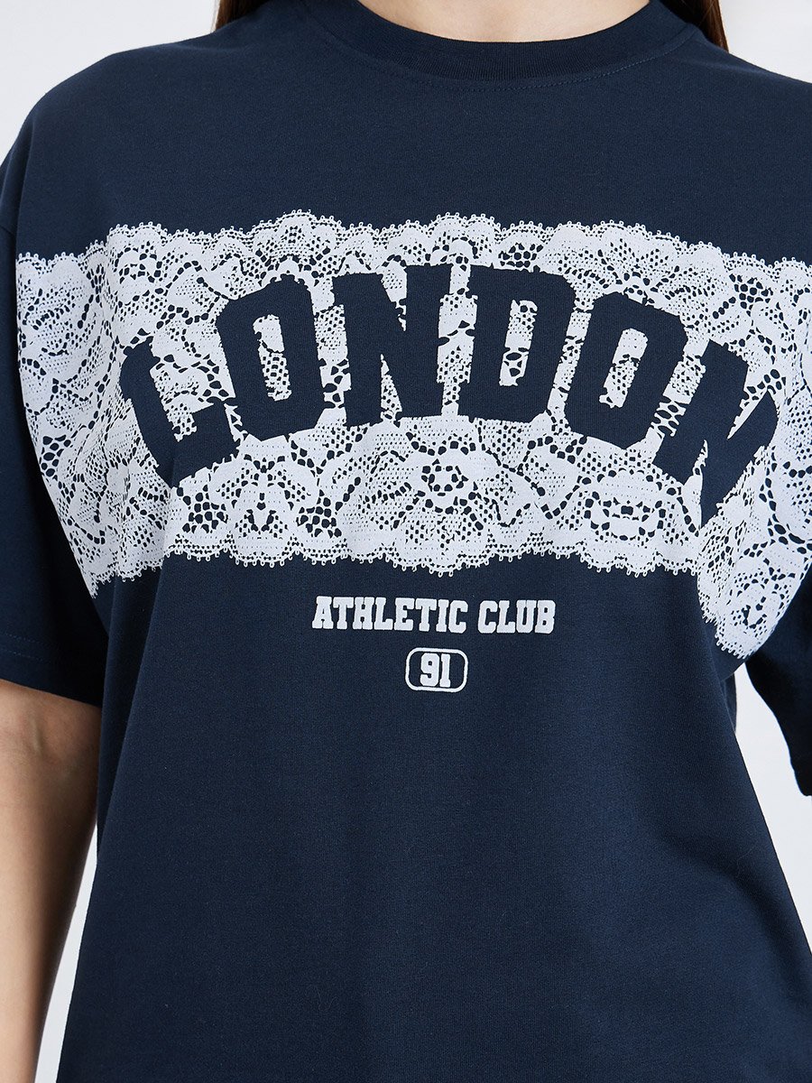 Women Navy Blue London Slogan Oversized T-Shirt