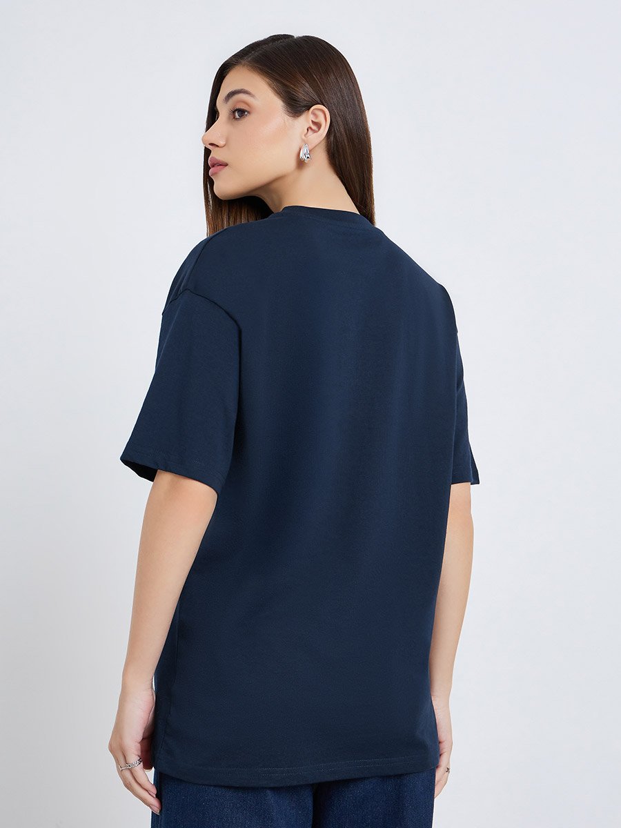 Women Navy Blue London Slogan Oversized T-Shirt