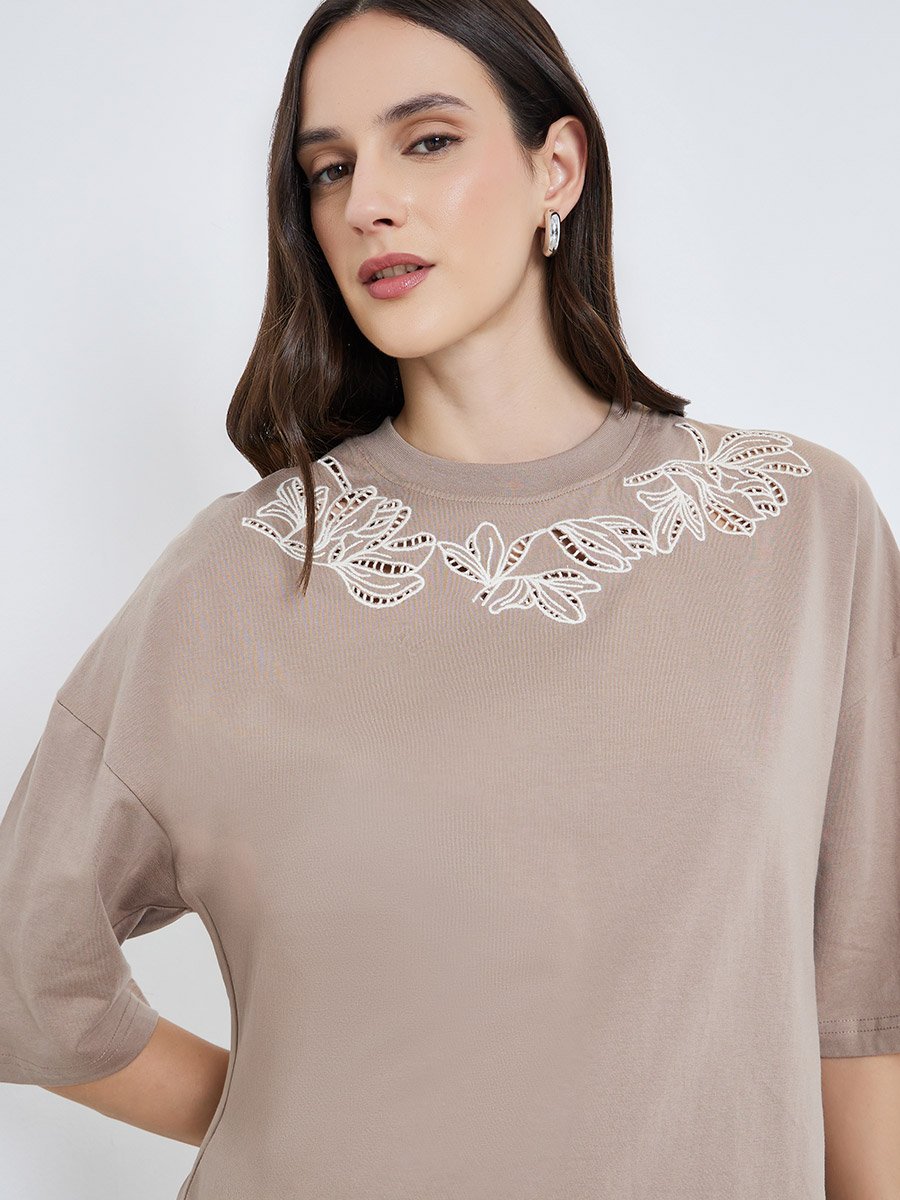 Women Beige Embroidered Oversized T-Shirt