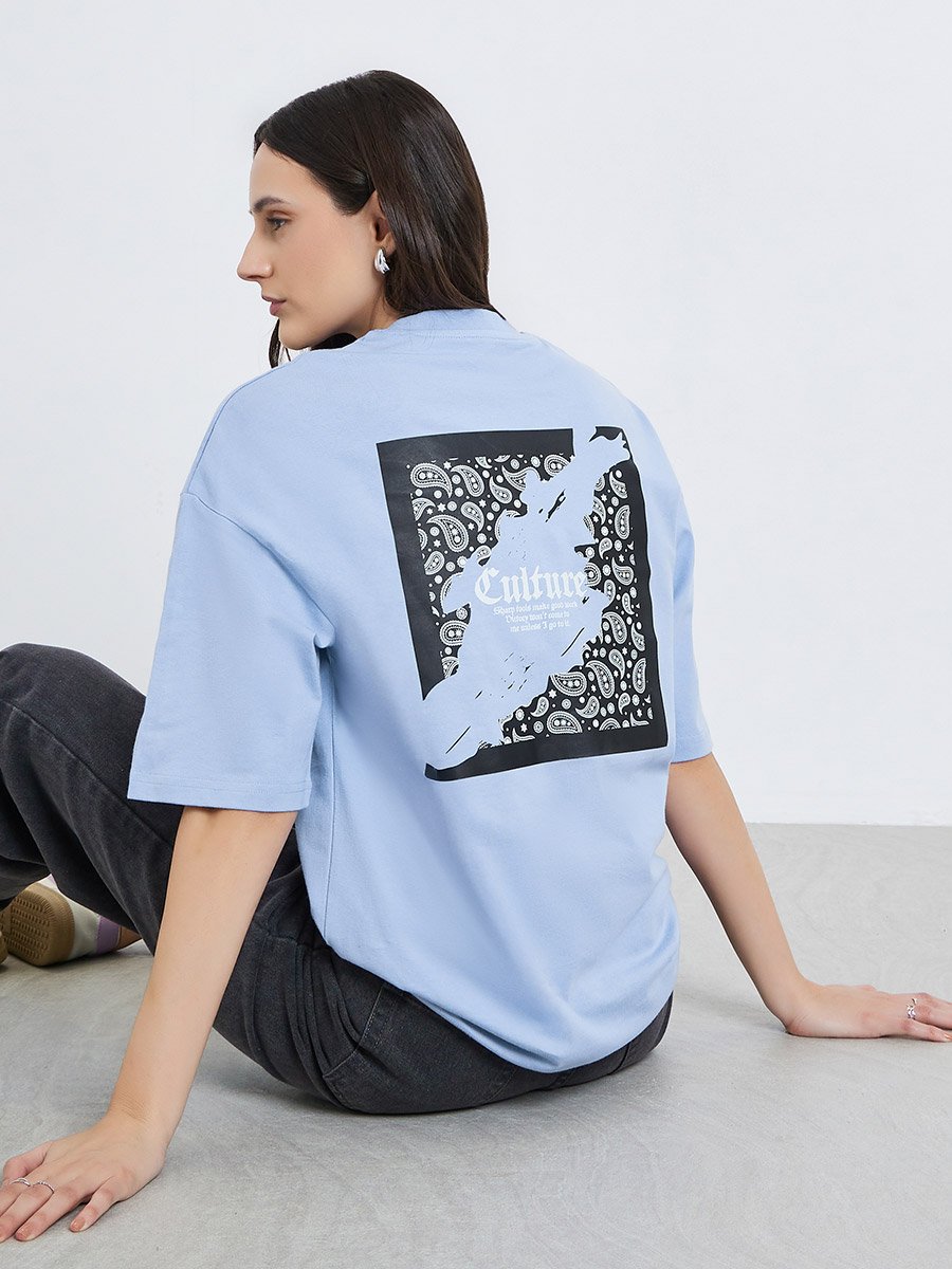 Women Blue Graphic Print Oversized T-Shirt