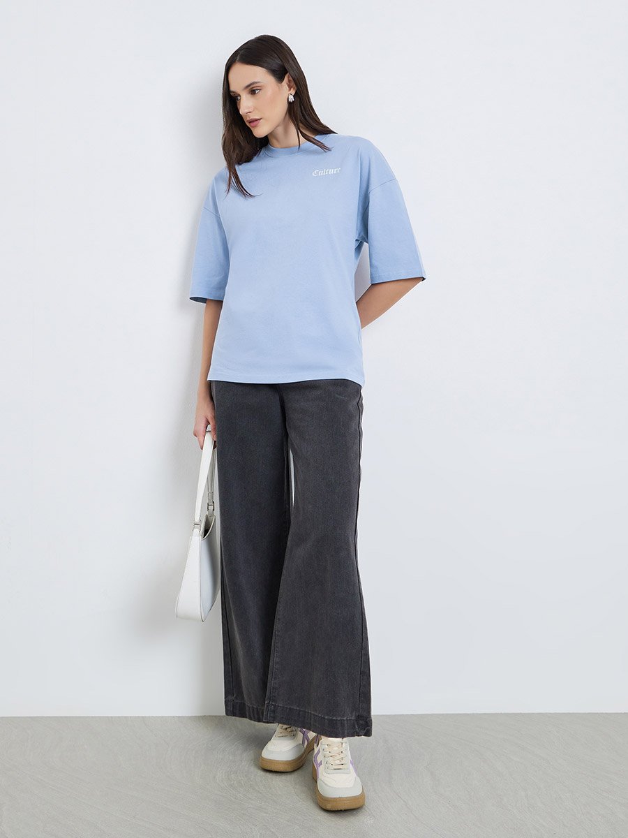 Women Blue Graphic Print Oversized T-Shirt