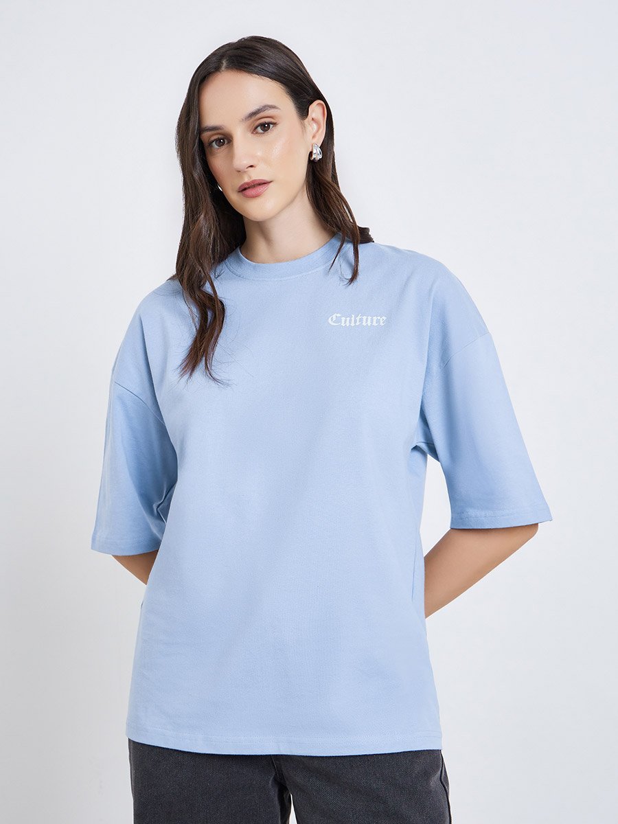 Women Blue Graphic Print Oversized T-Shirt