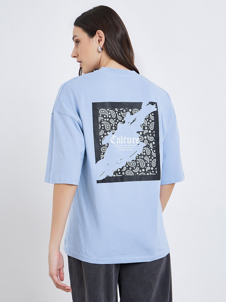 Women Blue Graphic Print Oversized T-Shirt